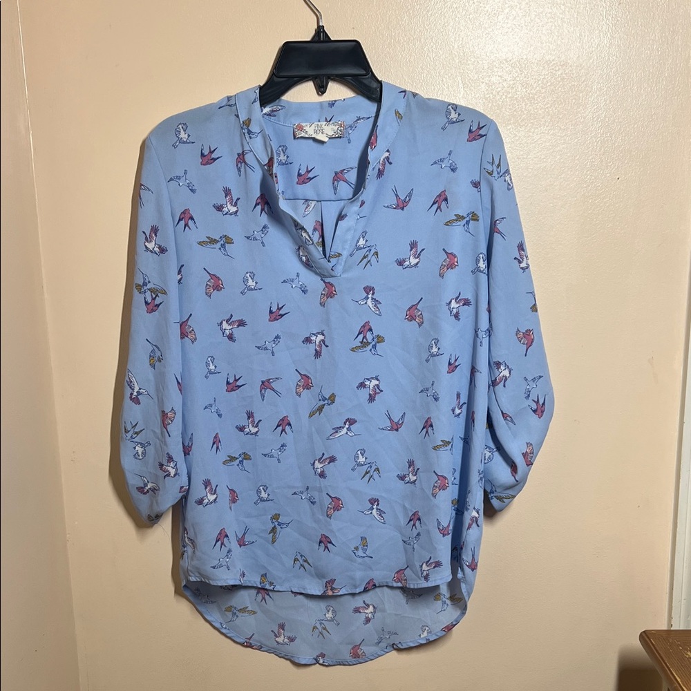 Pink Rose Light Blue Bird-Print V-Neck Blouse